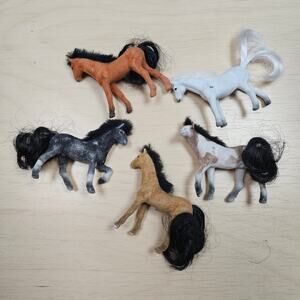 Lot 5 Fuzzy Flocked Horses Vintage Miniature Black White Brown Rust Spotted toy